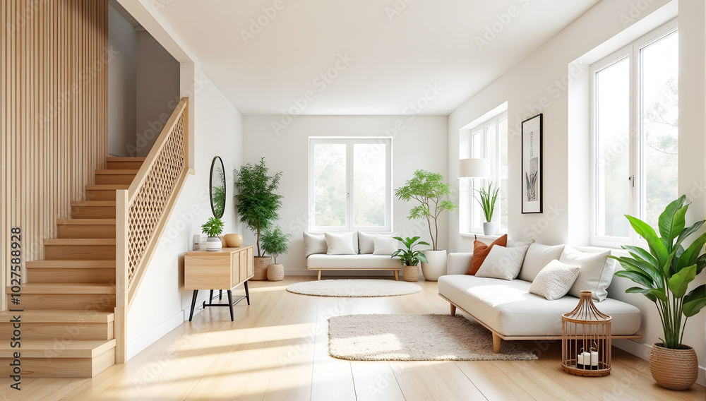 Fototapeta premium Farmhouse home interior design of modern living room with wooden staircase, white sofa and plants