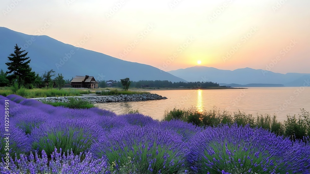 Obraz premium A wooden cabin nestled on a lakeshore, surrounded by a field of blooming lavender under a vibrant sunset sky.