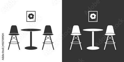 Furniture interior flat icon with chairs and table. Black and white version