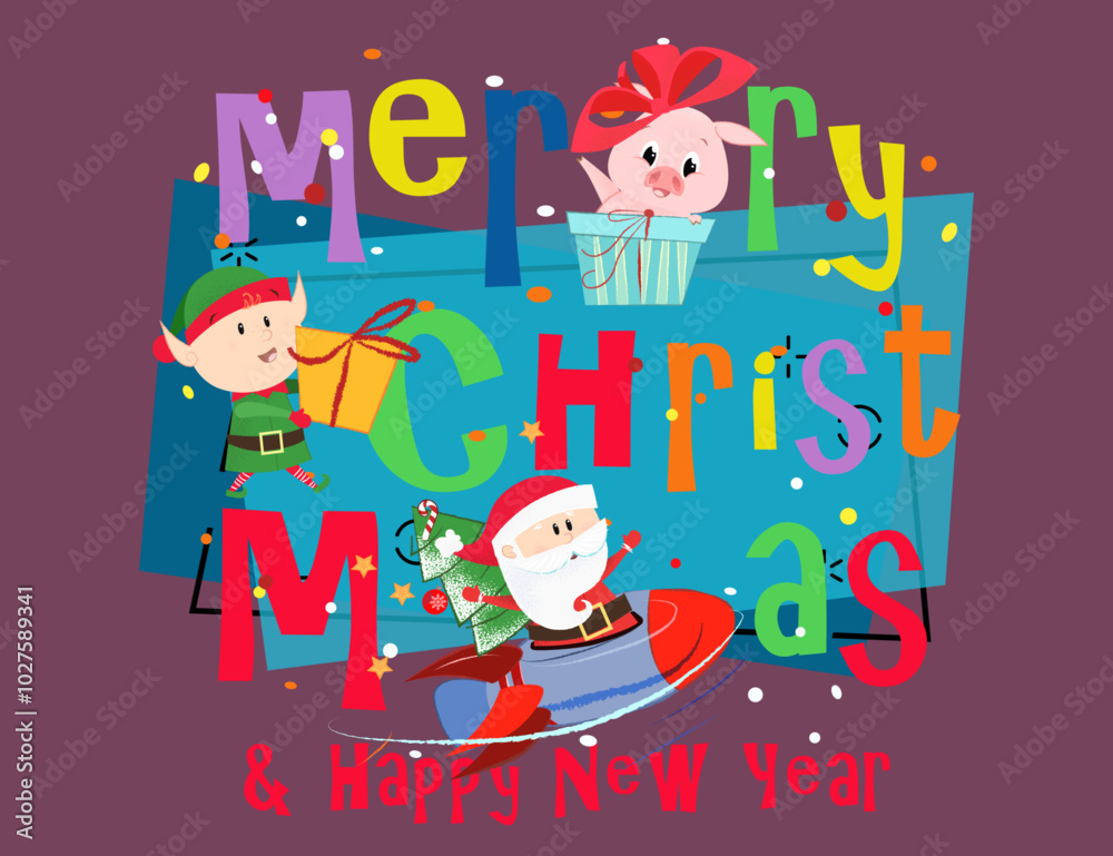 Obraz premium Merry Christmas and Happy New Year postcard with multicolored inscription. Lettering with cartoon characters on abstract background. Can be used for postcards, greeting cards, leaflets