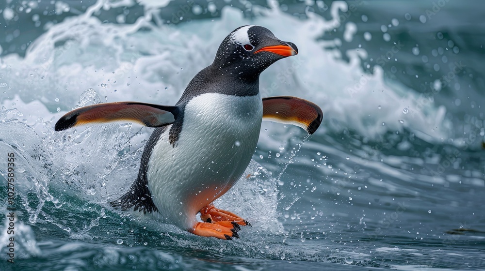Fototapeta premium A gentoo penguin leaps out of the water with its wings spread wide, creating a spray of water as it emerges from the ocean.
