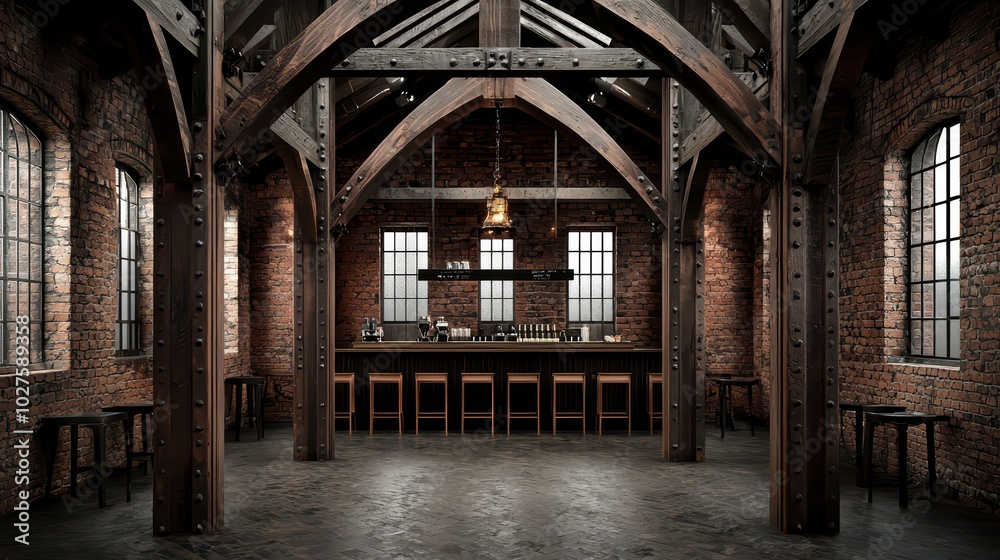 Stylish interior of an urban bar with high ceilings and rustic brick walls. Stylish interior of an urban bar with high ceilings and rustic brick walls.