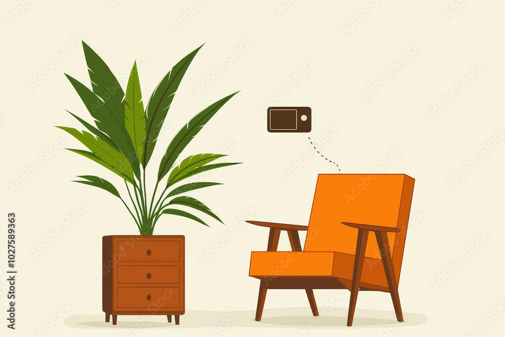 Fototapeta premium Stylish orange chair with a potted plant on a minimalist background, perfect for modern interior designs.
