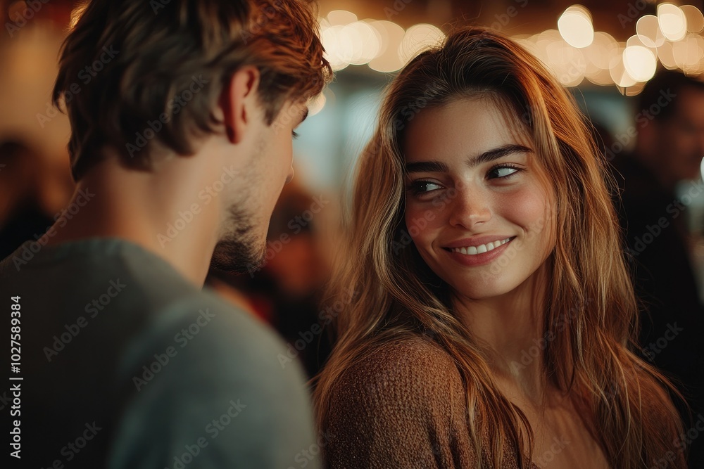 A couple at a social event, one partner secretly flirting with someone else in the background, blurred guests and celebration around them A couple at a social event, one partner secretly flirting with someone else in the background, blurred guests and celebration around them