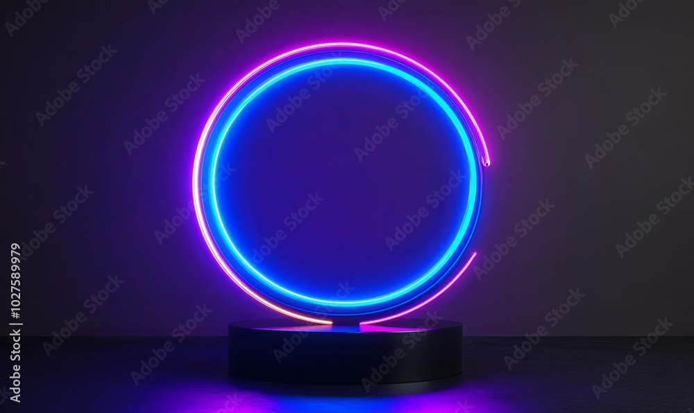 A glowing neon circle, pink and blue, on a black base against a dark background. A glowing neon circle, pink and blue, on a black base against a dark background.