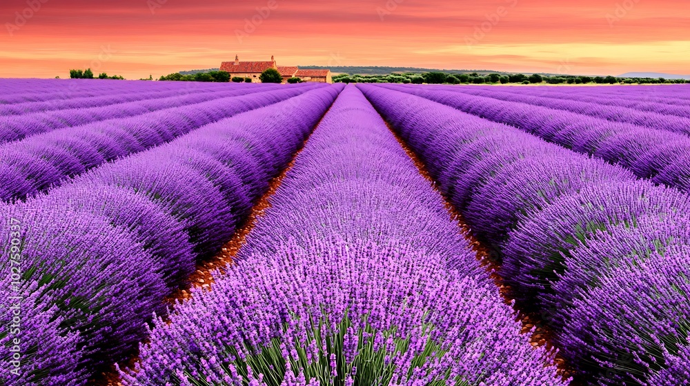 Obraz premium A picturesque lavender field at sunset with a farmhouse in the distance.