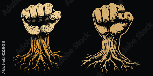 Raised Fists with Roots Symbolizing Strength and Resilience Vector Art