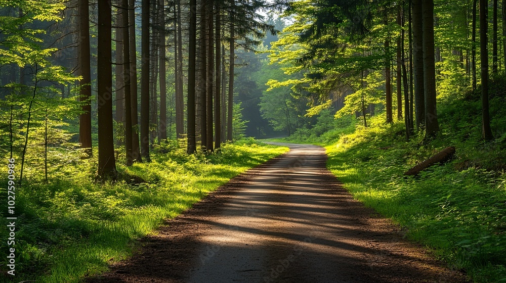 Obraz premium A winding road through a lush green forest with sunlight dappling through the trees.