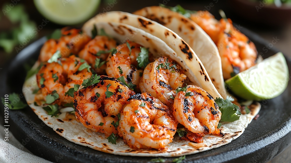Close-up of two shrimp tacos with cilantro and lime. Close-up of two shrimp tacos with cilantro and lime.