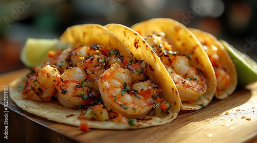 Close-up of three shrimp tacos on a wooden board with a lime wedge.