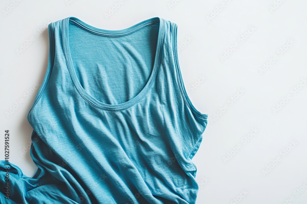 A close-up of a soft, light blue tank top laid flat on a white surface. A close-up of a soft, light blue tank top laid flat on a white surface.