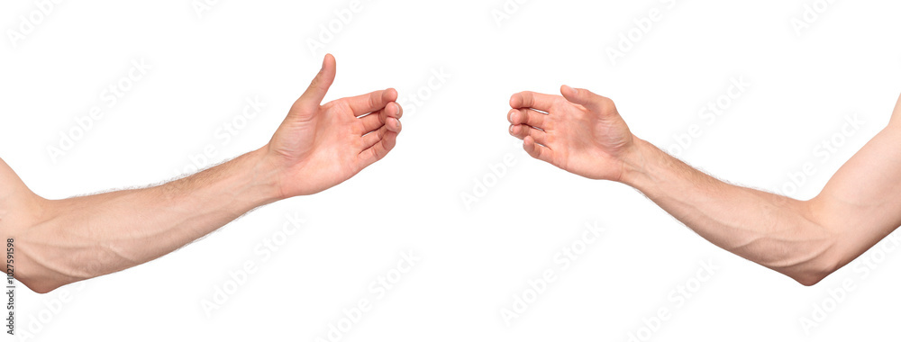 Two outstretched hands with open palms ready to hold an object. Isolated background PNG file makes it easy to edit and add objects to the hands in Photoshop Two outstretched hands with open palms ready to hold an object. Isolated background PNG file makes it easy to edit and add objects to the hands in Photoshop