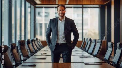 A corporate leader standing confidently in a large boardroom, ready to lead a meeting photo