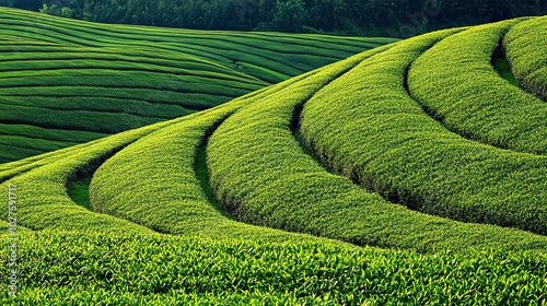 Rolling green hills of a tea plantation.