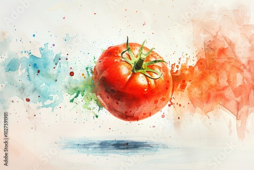 Vibrant tomato in watercolor splashes photo