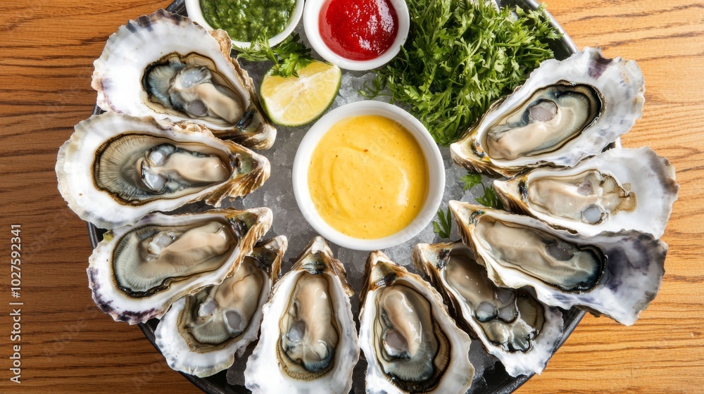Fresh Oysters on Ice with Sauces and Lemon Garnish Fresh Oysters on Ice with Sauces and Lemon Garnish