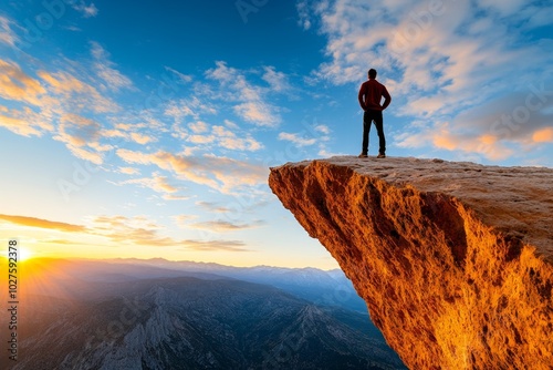 Person standing at the edge of a cliff at sunrise, looking out over a vast landscape, feeling empowered by the beauty of nature and the endless possibilities of the day ahead