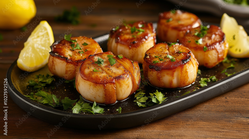 A delectable dish of grilled scallops on a plate, garnished with fresh herbs and lemon wedges, ideal for gourmet dining and culinary experiences. A delectable dish of grilled scallops on a plate, garnished with fresh herbs and lemon wedges, ideal for gourmet dining and culinary experiences.