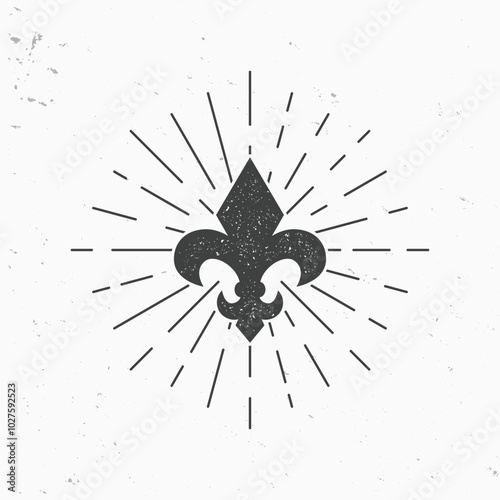 Fleur De Lis icon with light rays. Vintage Monarchy icon with stamp effect. Vector illustration