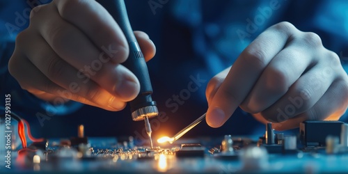 Close-up of hands expertly soldering on a circuit board, emphasizing the precision and skill involved in modern electronic assembly and technological craftsmanship.