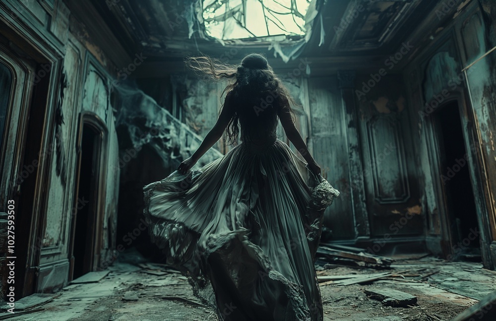 A girl in a light dress fluttering in the wind, against the backdrop of a mystical castle hidden in fog. A girl in a light dress fluttering in the wind, against the backdrop of a mystical castle hidden in fog.