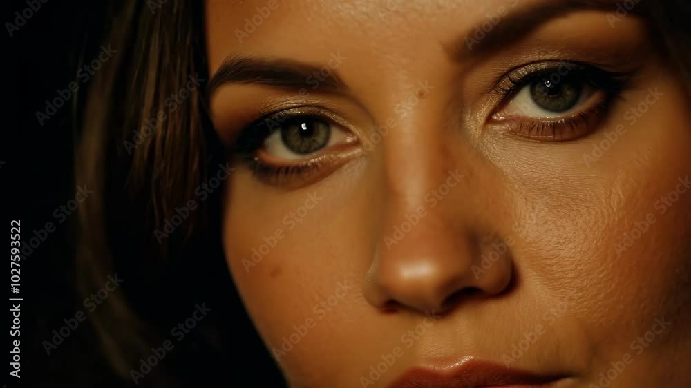 Intense close-up of woman's eyes with dramatic makeup and soft lighting Intense close-up of woman's eyes with dramatic makeup and soft lighting