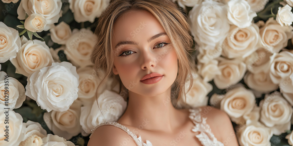 Naklejka premium A beautiful woman with serene expression lies among detailed, soft white roses, capturing a sense of purity, elegance, and tranquility in this photograph.