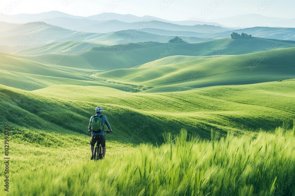 Cyclist Riding the Bike on the Beautiful Spring Mountain Trail. man riding a bicycle in a field. nature, travel, relax