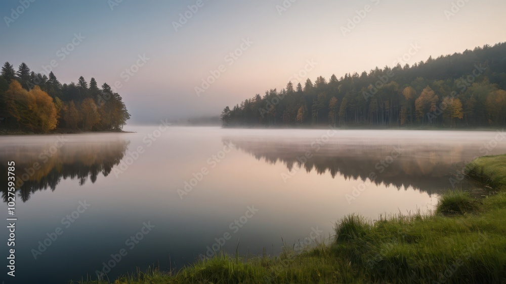 A peaceful lake surrounded by autumn trees, with a gentle layer of fog drifting across the water at sunrise. The stillness of the water perfectly reflects the colorful trees, creating a serene and cal A peaceful lake surrounded by autumn trees, with a gentle layer of fog drifting across the water at sunrise. The stillness of the water perfectly reflects the colorful trees, creating a serene and cal