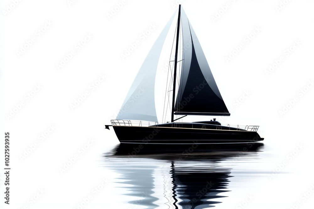 Fototapeta premium Single sailboat silhouette against a white background, with simple, clean lines capturing the elegance of the sail and hull as it moves through still waters