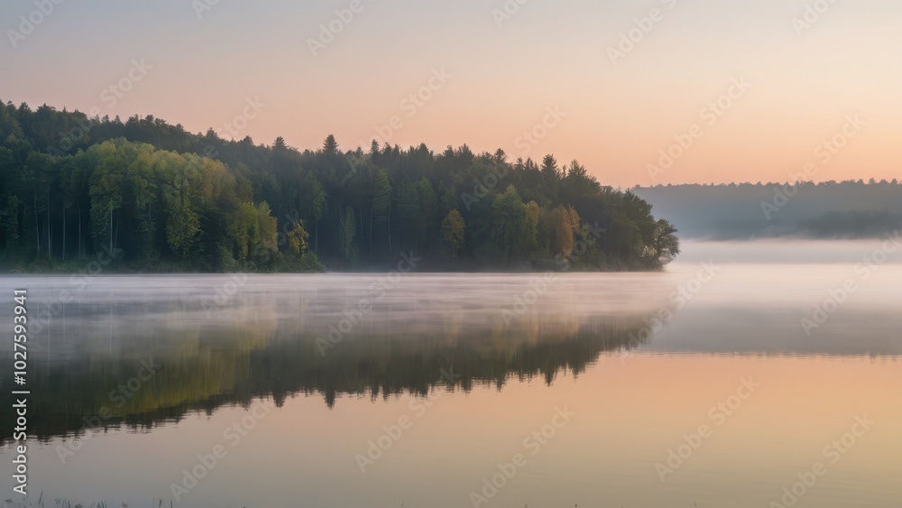 Obraz premium A peaceful lake surrounded by autumn trees, with a gentle layer of fog drifting across the water at sunrise. The stillness of the water perfectly reflects the colorful trees, creating a serene and cal