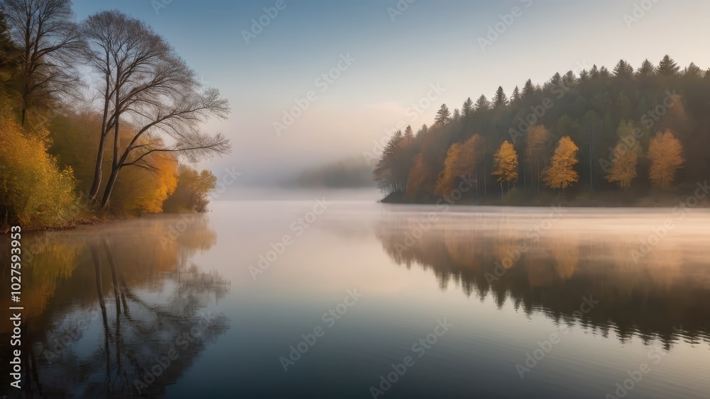 A peaceful lake surrounded by autumn trees, with a gentle layer of fog drifting across the water at sunrise. The stillness of the water perfectly reflects the colorful trees, creating a serene and cal A peaceful lake surrounded by autumn trees, with a gentle layer of fog drifting across the water at sunrise. The stillness of the water perfectly reflects the colorful trees, creating a serene and cal