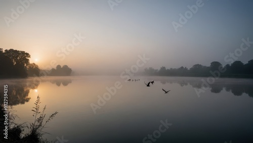 A golden sunrise illuminates the mist-covered lake, where a flock of birds glides over the calm water. The soft light and fog create a peaceful and ethereal scene, highlighting the beauty of nature at