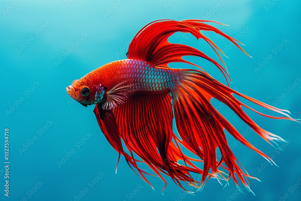 A vibrant red betta fish with long, flowing fins swims against a clear blue background. A vibrant red betta fish with long, flowing fins swims against a clear blue background.