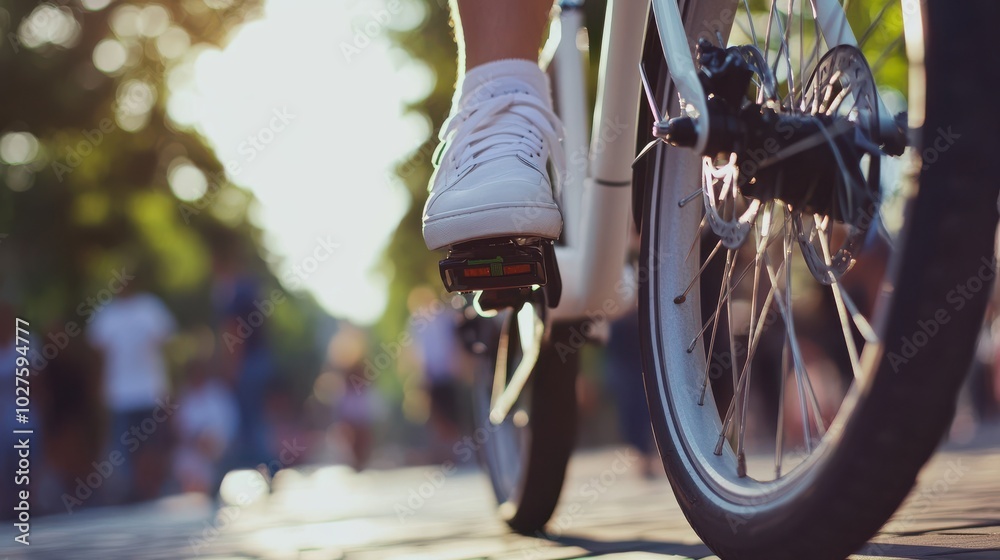 Naklejka premium Close-up of electric bike wheel and rider's foot on sunny city street