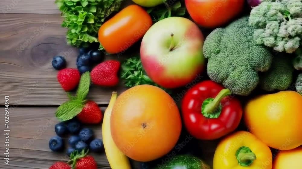 Video of fresh fruit and vegetables over wooden background