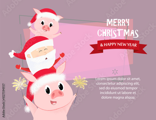 Merry Christmas and Happy New Year sample banner design. Inscription with piglets and Santa on red background with sample text. Can be used for postcards, invitations, greeting cards