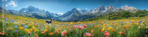 Idyllic summer alpine panorama: Lush green meadows with colorful wildflowers in the foreground. To the left, a brown-and-white cow with beautiful eyes and long lashes looks directly into the camera, c photo