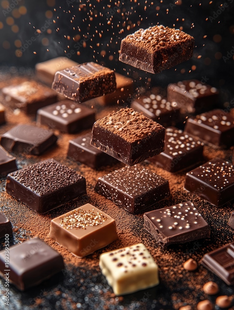 Close-up of Flying Chocolate Squares with Chocolate Shavings, Dynamic and Rich Cocoa Explosion