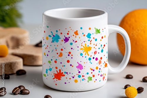 Watercolor depiction of a custom coffee mug, with playful splashes of color representing the customerâ€™s personalized design, adding a light, creative feel to the product photo