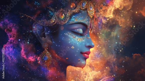 A digital painting of Krishna with a cosmic background, blending traditional iconography with modern digital techniques