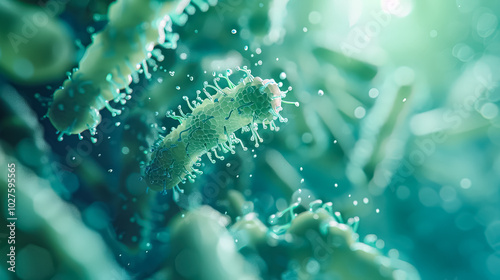 Close up of a green bacteria with a lot of detail. The bacteria is surrounded by water and he is in motion