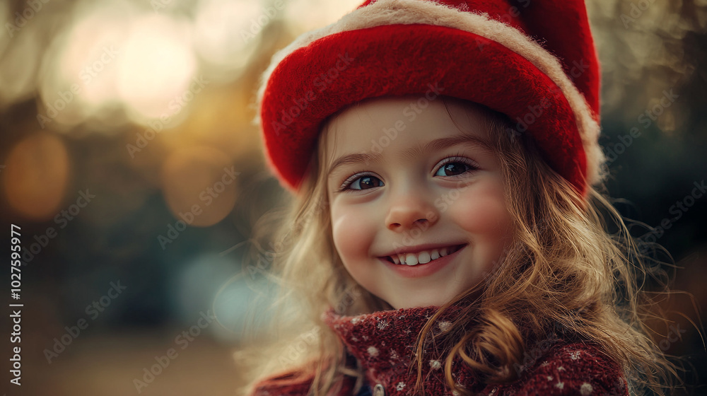 A joyful child wearing a red Christmas hat smiles brightly during the holiday season outdoors A joyful child wearing a red Christmas hat smiles brightly during the holiday season outdoors