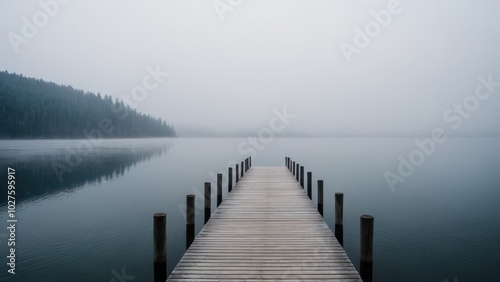 A wooden pier stretches into the mist over a calm  fog-covered lake. The peaceful atmosphere and still water create a sense of solitude and tranquility in this ethereal landscape