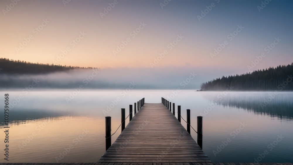 Fototapeta premium A wooden pier stretches into the mist over a calm, fog-covered lake. The peaceful atmosphere and still water create a sense of solitude and tranquility in this ethereal landscape