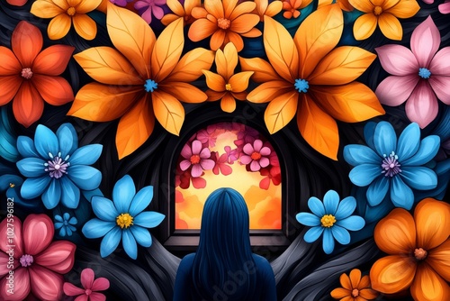 Whimsical watercolor of a person waking up to flowers blooming outside their window, with vibrant colors of nature inspiring a joyful and optimistic mood photo