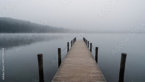 A wooden pier stretches into the mist over a calm, fog-covered lake. The peaceful atmosphere and still water create a sense of solitude and tranquility in this ethereal landscape