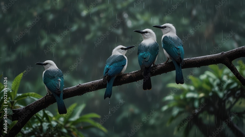 Obraz premium Four blue and white birds perched on a branch in the rain, with green foliage blurred in the background.