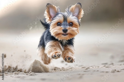 Yorkie running on the beach, with the wind blowing through its silky coat and paws kicking up sand, capturing its free-spirited and adventurous side