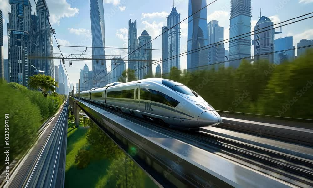 A sleek, futuristic high-speed train travels through a vibrant cityscape with tall skyscrapers and lush greenery in the background.
